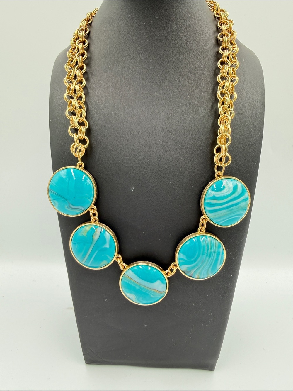 Gold-Tone Necklace with Turquoise Blue Round Cabochons